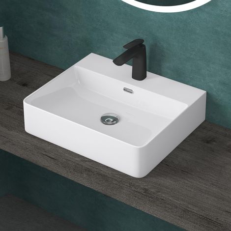 doporro Lavabo da Appoggio o Sospeso Lavandino Bagno Rettangolare con Foro per Rubinetto e Troppopieno 50 cm in Ceramica Bianco Lucido - Meissen201 (1/4)