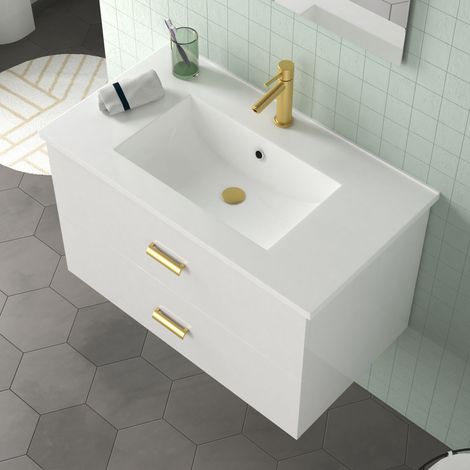 meuble salle de bains 80 cm laqué blanc et or doré à tiroirs avec vasque céramique et miroir — vue 2