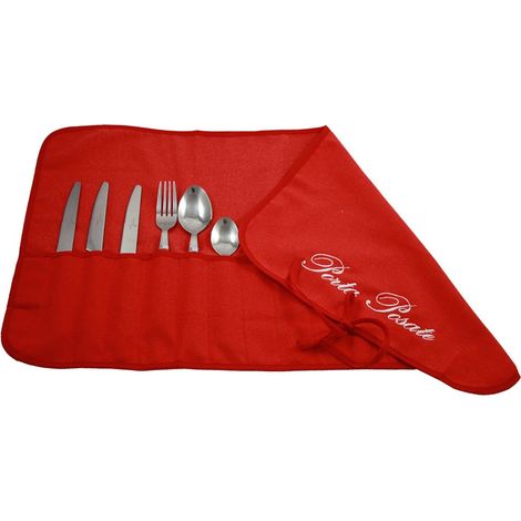 Magie di Casa Porta Posate in Panno cm.35x62 Ricamato - per 12 Posate - imbustato a 1 - Made in Italy (Rosso)
