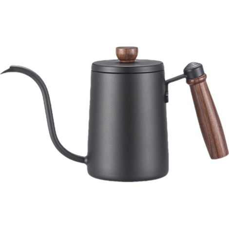 Bouilloire à café manuelle à filtre, poignée en bois, bec verseur en col de cygne, en acier inoxydable 304, noir (1/5)