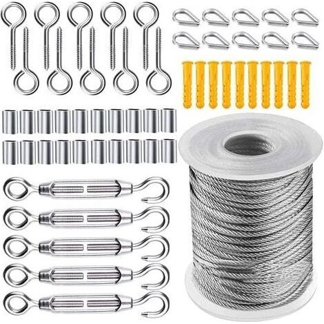 Kit de Câble Métallique, Cable Acier Jardin Tendeur, Corde en Acier Inoxydable à Suspendre Kit, 50m Câble en acier inoxydable revêtu de Nylon pour Corde à Linge Corde de Tente, 56 Pièces - RWEtendoir (1/5)