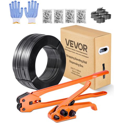 VEVOR Set di Reggiatura per Cinghie Plastiche, Rotolo di Reggetta da 610 m, Kit di Reggiatrici Manuali per Imballaggio Magazzino Trasporto, con 600 Sigilli Metallici, 200 Protezioni Angolari, Guanti (1/5)