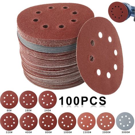 100 pièces disque abrasif disque abrasif papier de verre pour ponceuse circulaire grain 80/180/240/320/400/800/1000/1500/2000/3000 125mm (1/5)