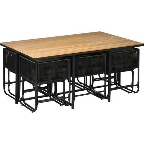 10 Seater Rattan Cube Garden Furniture Set, Rattan Dining Set with Cushions, Outdoor Dining Table Chairs with 6 Armchairs, 4 Stools, Rectangular Wood Grain Plastic Top Table, Black (1/5)