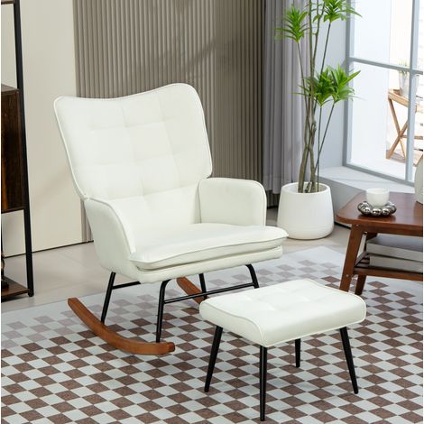 Fauteuil à bascule avec tabouret, 130 kg, effet lin, blanc DESVIAE (1/5)