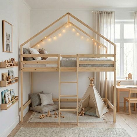sweeek - Lit enfant mezzanine cabane 90 x 190 cm pin naturel sommier à lattes inclus - Roya (1/5)