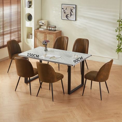 AINPECCA Grey Marbled Effect Dining Table and Chairs 6 Set Dining Room Chair Kitchen Home Office(table+6pcs Brown Suede chairs) (1/5)