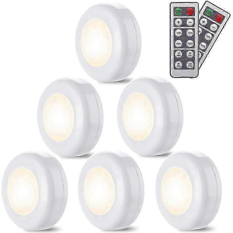Lot de 6 veilleuses LED sans fil blanc chaud 4000K à intensité variable, fonctionnant sur piles et avec télécommande. (1/5)