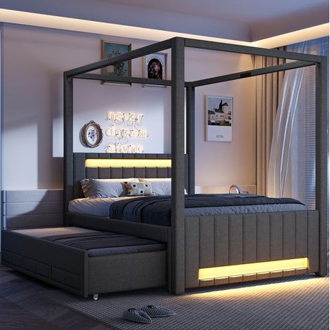 Cama con dosel tapizada 140x200 cm con cama extraíble, 3 cajones y LED, gris (1/5)