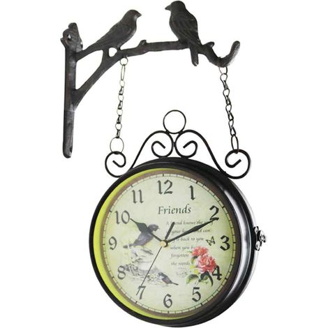 1 Horloge murale double face, Fer forgé, Style rustique, Silencieuse, Noir, Jardin, Couloir, Extérieur (1/5)