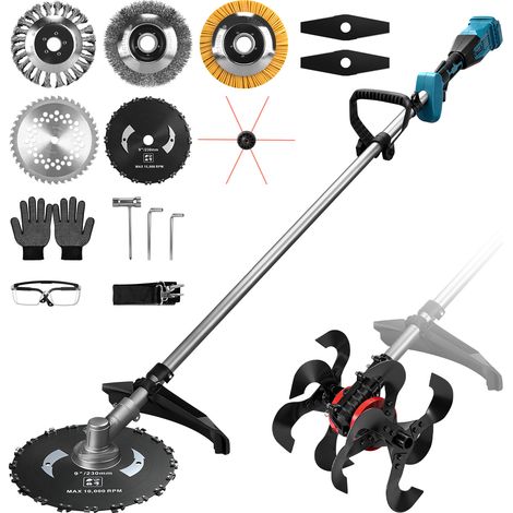 2-En-1 1380W Motobineuse électrique à Batterie et Coupe-Bordures Brushless Sans Fil 18800 RPM/680 RPM, Debroussailleuse à Batterie, 7 Lames, largeur 25×23 cm, Compat. Makita 18V(Sans batt.) (1/5)