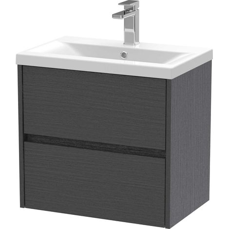 Nuie Havana Graphite Grey Woodgrain 600mm Wall Hung 2 Drawer Vanity Unit and Mid Edge Ceramic Basin - HAV2204A (1/4)