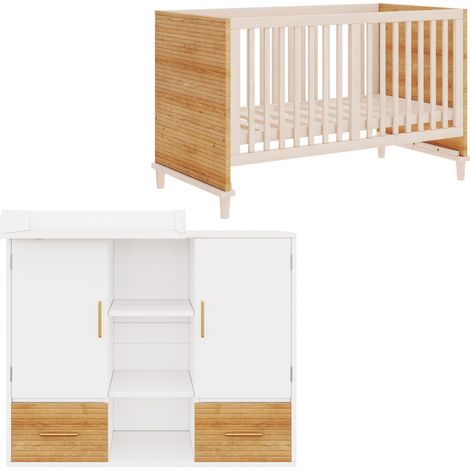 Conjunto cuna de bebé 70x140 cm y cambiador 114x53x92 cm de madera y MDF blanco natural (1/5)