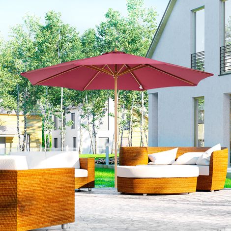 Parasol jardin extérieur droit double toit bois polyester haute densité Ø3x2,5m, rouge