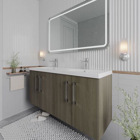 Nuie Arno Solace Oak Woodgrain 1200mm Wall Hung 4 Door Vanity Unit and Double Polymarble Basins - ARN2523C (1/5)