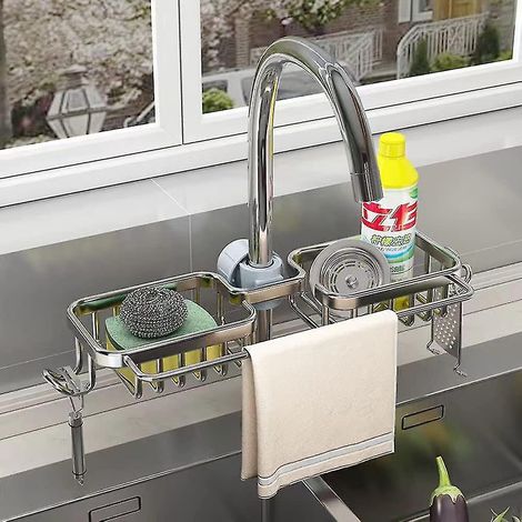 Porte-éponge pour robinet, organiseur d'évier de cuisine à suspendre au-dessus du robinet, égouttoir suspendu pour évier, argent (1/5)