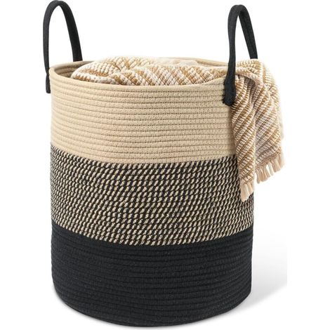 Cesto de ropa de algodón tejido de 45 L con asa, cesto de ropa tejido, cesta de almacenamiento para habitación infantil o baño, 35 x 40 cm, beige y negro (1/5)