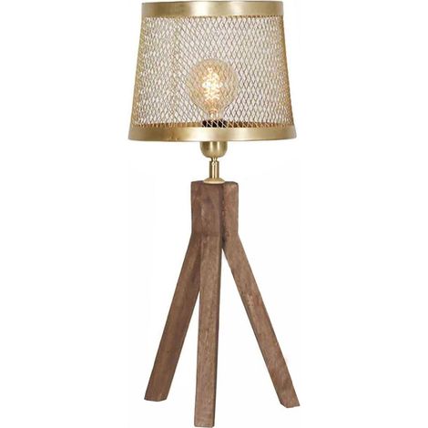 Lampe de table trépied en bois et abat jour grillagé doré - doré et bois naturel clair (1/3)