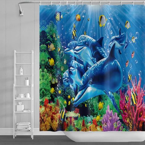 Rideau de douche tropical coloré avec poissons, algue marine, corail et falaise sous l'eau - paysage marin - rideau de bain bleu océan - polyester avec crochets (1/5)