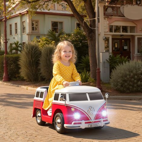Coche eléctrico infantil Volkswagen T1 de 12 V con licencia oficial, con 2 motores y arranque suave, 89 x 49 x 41,5 cm, color rojo.