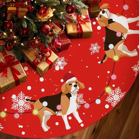 Falda roja para árbol de Navidad, estampado de perro Beagle, tapete para árbol, 120 cm, decoración navideña de invierno para el hogar. (1/5)