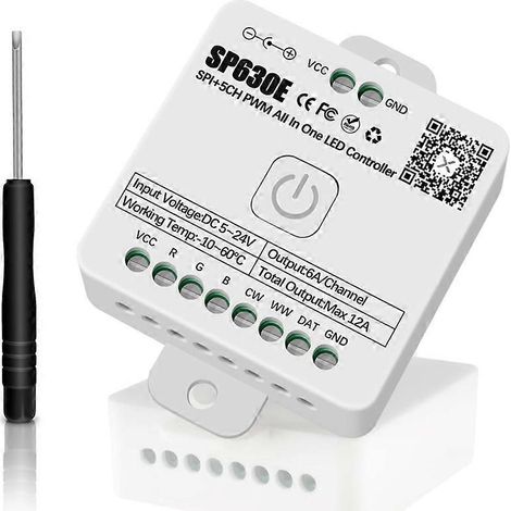 Contrôleur LED Bluetooth SP630E prenant en charge la modulation de largeur d'impulsion (PWM) monochrome, la température de couleur (CCT), les couleurs RVB et RVBW. (1/5)