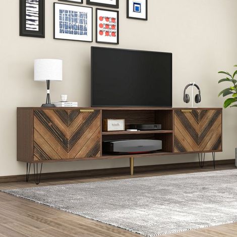 Meuble TV bois massif, avec 2 portes, 2 compartiments, panneau bas, meuble de salon, 157 x 38 x 48 cm