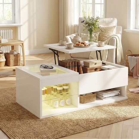 Table Basse Relevable Blanc Laqué Haute Brillance avec Éclairage LED RGB, Table de Salon Design Moderne avec Grand Rangement et Plateau Relevable - 100x55x35 cm (1/5)