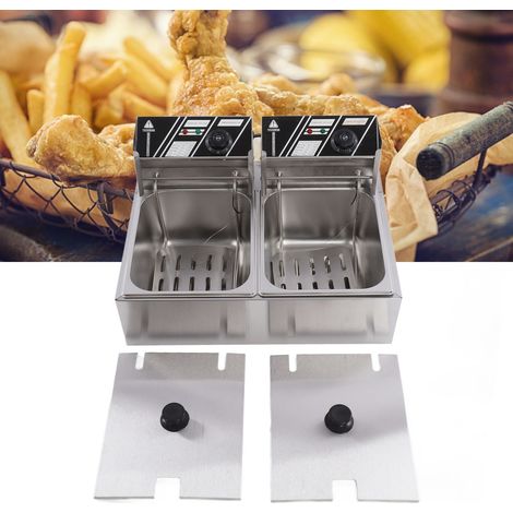 Professionelle elektrische Tischfritteuse aus Edelstahl, Doppelzylinder (6 l + 6 l), zwei Siebe, Temperaturregelung von 50 bis 200 °C, ideal für die Zubereitung von Kebabs. BPA-frei, europäischer Stan (1/5)