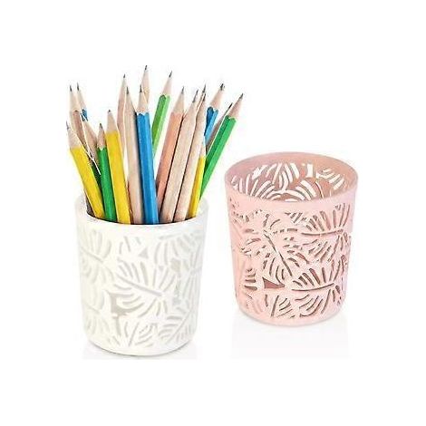 Pot à crayons en plastique, lot de 2 pots ronds pour crayons, porte-pinceaux de maquillage, pot à crayons de bureau, porte-stylos pour la maison, l'école et le bureau (blanc, rose) (1/4)