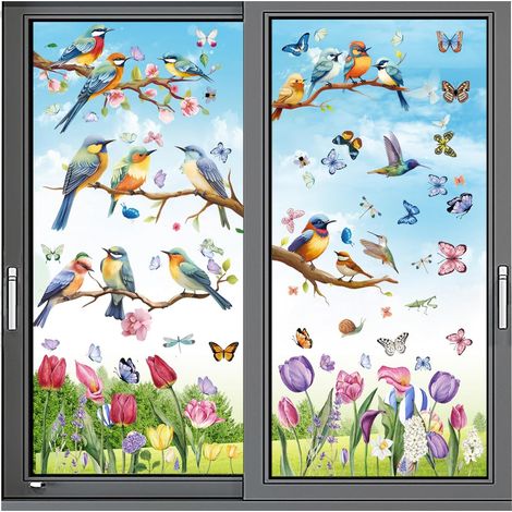 Autocollants de fenêtre printemps 78 pièces, décalcomanies tulipes papillons oiseaux-mouches, anti-collision, déco maison (1/5)