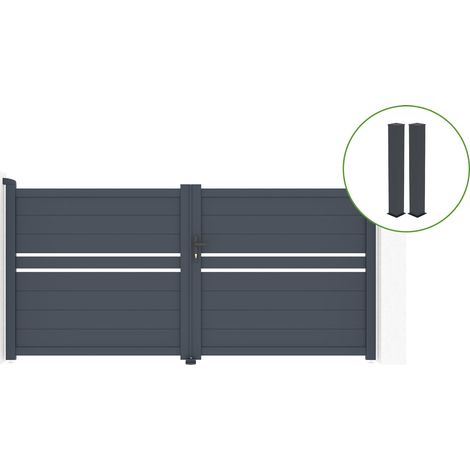 Portail battant 3m CIMONE H.140cm alu gris + 2 poteaux 20x20cm H.166cm (1/5)
