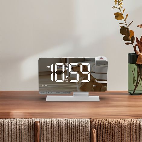 Réveil numérique LED avec projection de l'heure, double alarme, ports de charge USB/Type-C, intensité variable sur 6 niveaux, heure d'été (DST), Snooze blanc (1/5)
