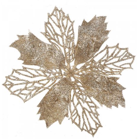 Champagne d'or Lot de 12 Fleurs poinsettia artificis à paillettes pour sapin de Noël, 16 cm de diamètre (1/4)