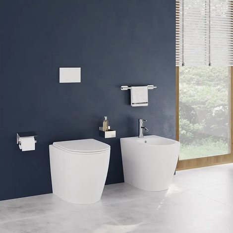 Coppia di sanitari filomuro ceramica bianco opaco vaso rimless copriwc soft close e bidet Europa Small