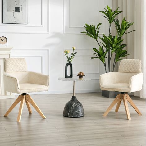 Set de 2 sillas de comedor giratorias de tejido blanco crema y madera maciza, 360° (1/5)
