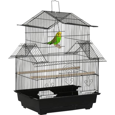 Designer-Vogelkäfig mit hausförmigen Futterstellen, Sitzstangen, 3 Türen, herausnehmbarer Kotwanne und Tragegriff. 50,5 x 41 x 63 cm. Schwarz. (1/5)