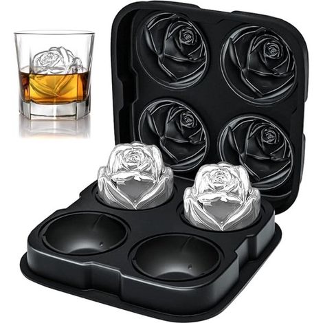 Bac à glaçons avec couvercle - 4 glaçons - Glaçons en forme de rose - Machine à glaçons - Moules à glace en silicone - Cadeau - Glaçons - Parfait pour le whisky, les cocktails et toutes les boissons - (1/5)