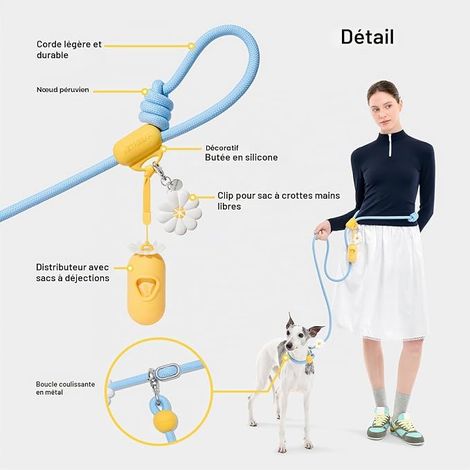Laisse pour Chien Mains Libres, Laisse réglable de 2,4 m pour Chiens, Laisse à Glisser à la Taille/en bandoulière pour la Promenade, Laisse Anti-Traction avec Distributeur de Sacs, Clip (1/4)