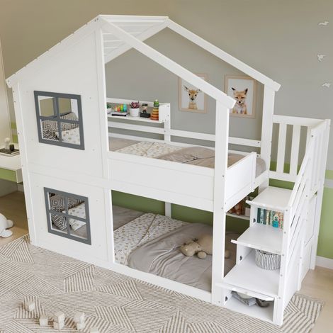 Etagenbett Kinder 90×200 cm, Einzelbett mit Treppen-Schrank 3 Stufen, Fenster und Dach, ohne Matratze, Weiß Grau (1/5)