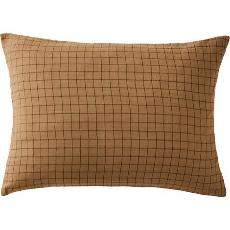 Taie d'oreiller à carreaux double gaze de coton marron 50x70 (1/2)
