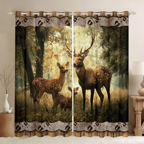 Rideau de fenêtre rustique cerf cerf bois sauvage chasse décor cabine rideaux de fenêtre pour filles garçons, jungle naturelle campagne bois rideaux traitement pour salon, taille S - 137x117cm (HxB) (1/5)
