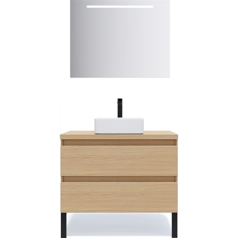 Meuble de salle de bain suspendu vasque à poser 90cm 2 tiroirs Chêne clair + miroir - Hudson (1/5)