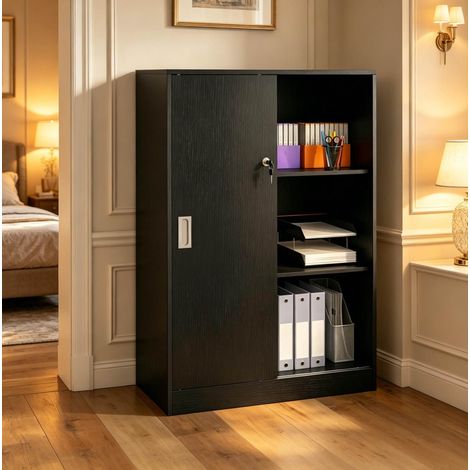 Armadio da ufficio 80x40x120 cm in pannelli di legno nero con serratura - MEUBLIV (1/5)