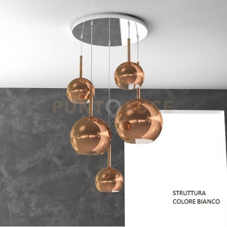 SOSP. BIANCO TONDA 5 LUCI VETRI (1 GRANDE+1 MEDIO+3 PICCOLO) TUTTI RAME 1155BI-S5 TMIX-RA