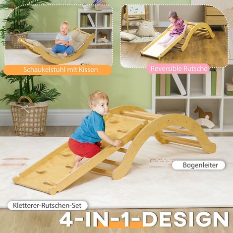 Ensemble de jeux d'intérieur 4-en-1 pour enfants : pont voûté, balançoire à bascule, coussin et toboggan en bois. (1/4)