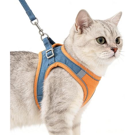 1 - Harnais Pour Chat - Laisse Réglable - Gilet Anti-Fugue Respirant - Pour Petit Chat Et Chiot Promenade Extérieur - Orange - S (1/5)
