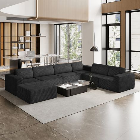 7-Sitzer Panorama-Modulsofa, Öffnung links, Cordbezug, 1 Hocker, platzsparendes Sofa für große Wohnzimmer, 404 x 303 x 82 cm, Schwarz