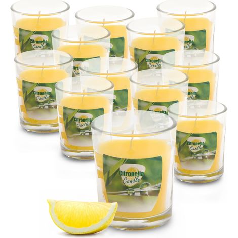 Citronella Duft Kerze im Glas 6 x 5 cm - 12 Stück - Duftlicht mit Zitronen Aroma - Garten Balkon Camping Bistro Licht