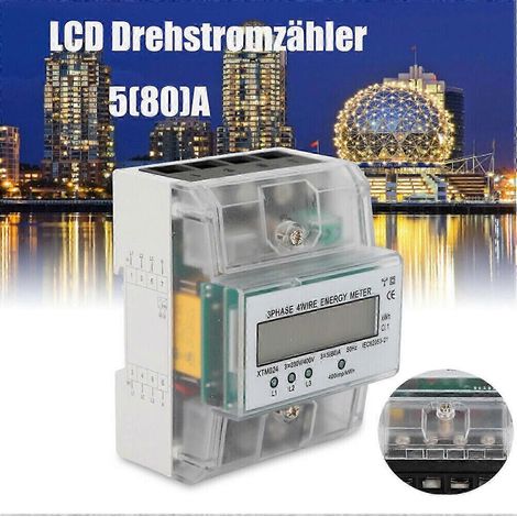 Compteur électrique électronique triphasé 4 fils à écran LCD sur rail DIN (kWh) (1/5)
